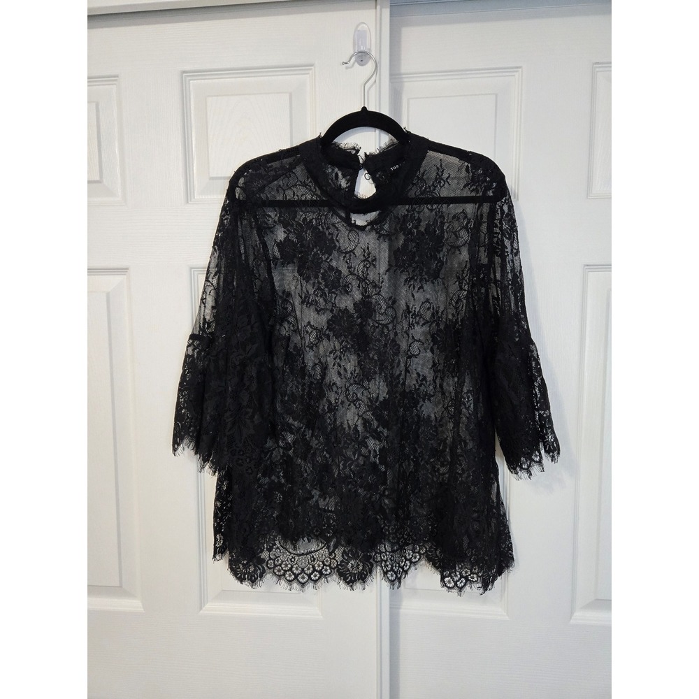 Torrid Womens Black Floral Lace Mock Neck Bell Sleeve Top Size 2X Eyelash Trim